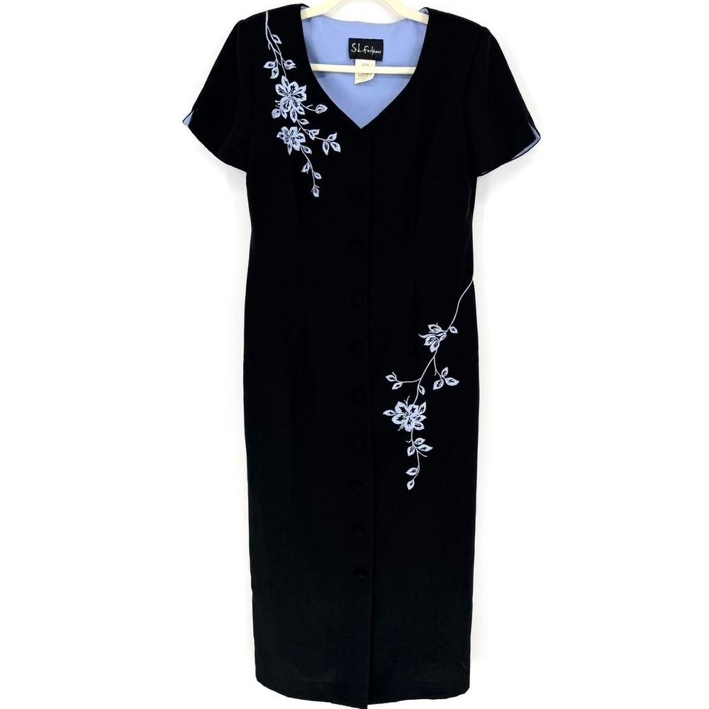 SL Fashions Black Floral Embroidered Midi Dress Size 8